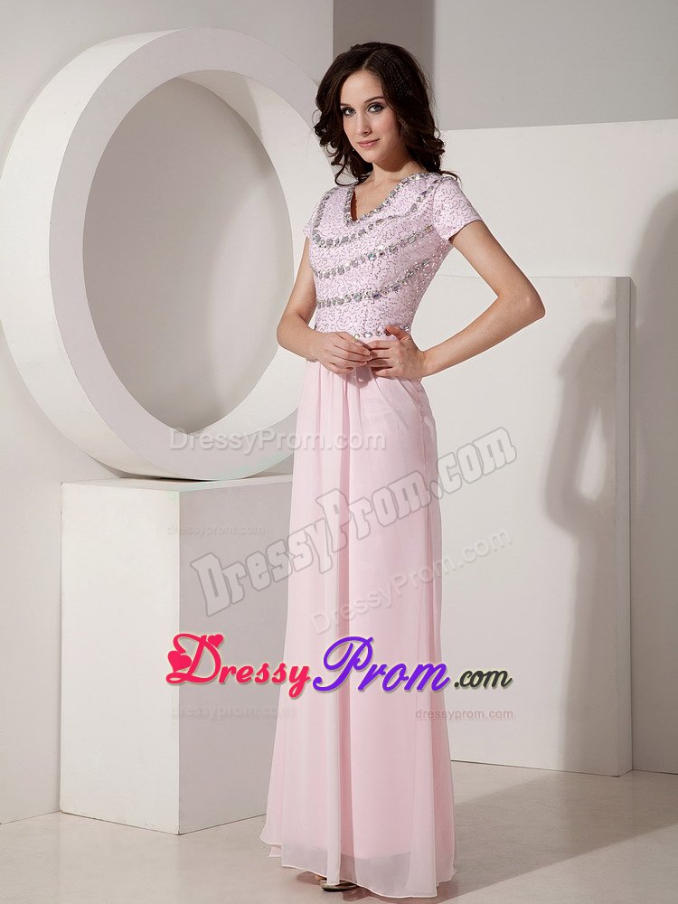 Cap Sleeves V-neck Baby Pink Formal Dresses Beading Floor-length