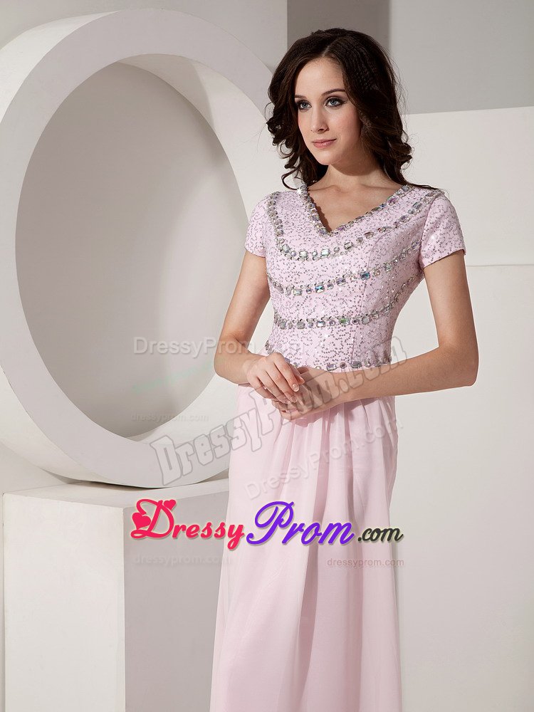 Cap Sleeves V-neck Baby Pink Formal Dresses Beading Floor-length