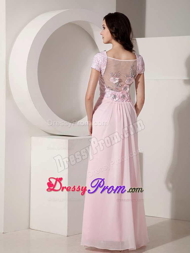 Cap Sleeves V-neck Baby Pink Formal Dresses Beading Floor-length