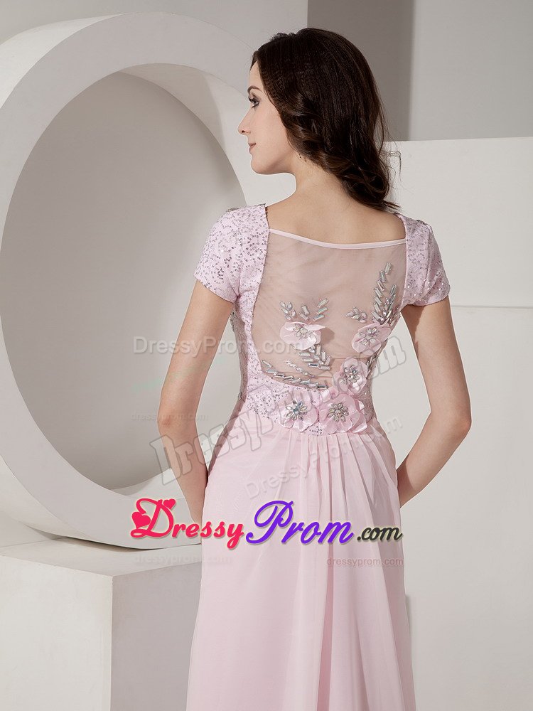 Cap Sleeves V-neck Baby Pink Formal Dresses Beading Floor-length