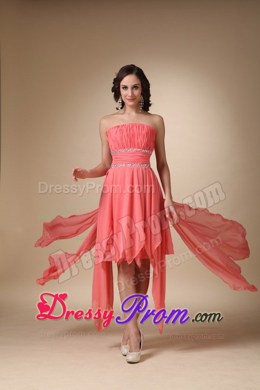 Pleated Strapless Asymmetrical Chiffon Beading Junior Prom Dress in Watermelon