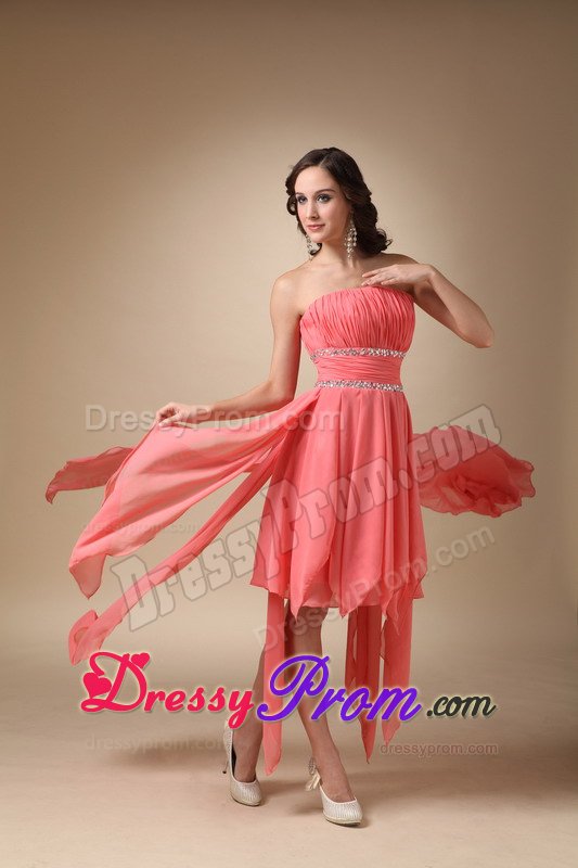 Pleated Strapless Asymmetrical Chiffon Beading Junior Prom Dress in Watermelon
