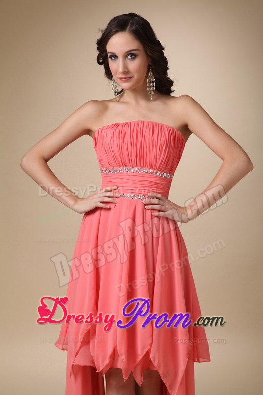 Pleated Strapless Asymmetrical Chiffon Beading Junior Prom Dress in Watermelon