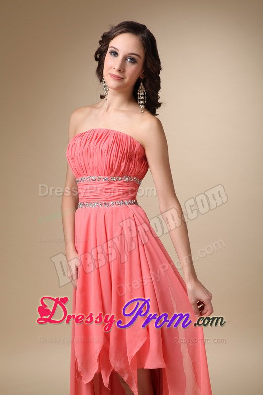 Pleated Strapless Asymmetrical Chiffon Beading Junior Prom Dress in Watermelon