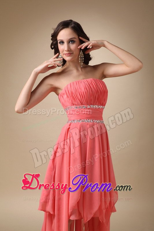 Pleated Strapless Asymmetrical Chiffon Beading Junior Prom Dress in Watermelon