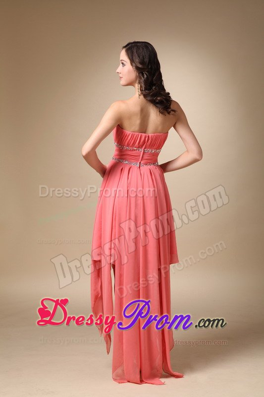 Pleated Strapless Asymmetrical Chiffon Beading Junior Prom Dress in Watermelon