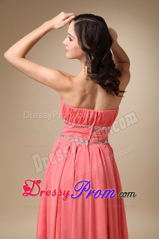 Pleated Strapless Asymmetrical Chiffon Beading Junior Prom Dress in Watermelon