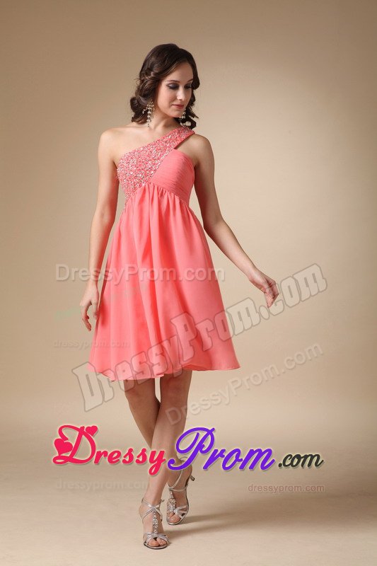 Watermelon Red One Shoulder Knee-length Beading Grad Dresses