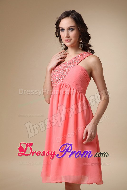 Watermelon Red One Shoulder Knee-length Beading Grad Dresses