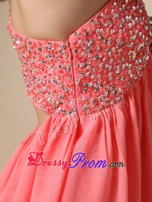 Watermelon Red One Shoulder Knee-length Beading Grad Dresses