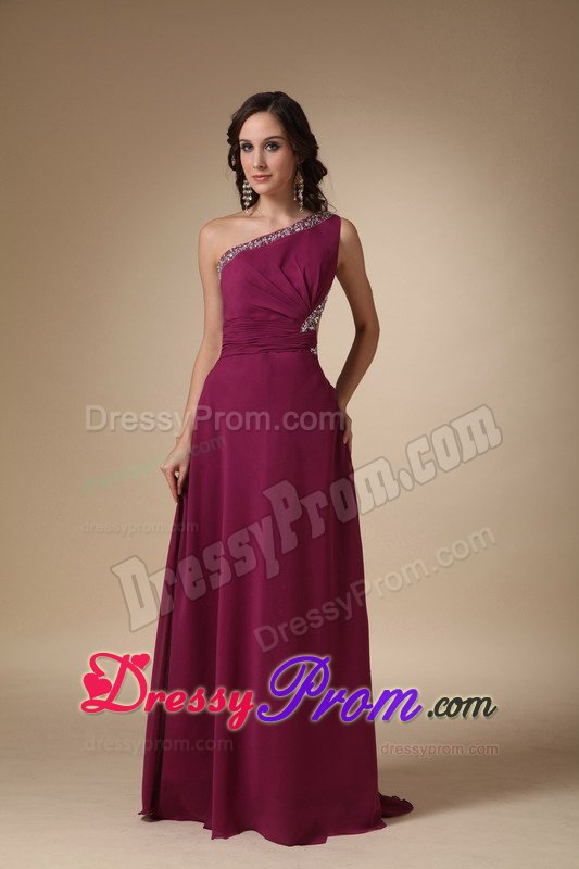 Column Beading One Shoulder Fuchsia Prom Party Dress