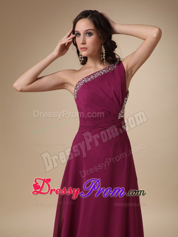 Column Beading One Shoulder Fuchsia Prom Party Dress