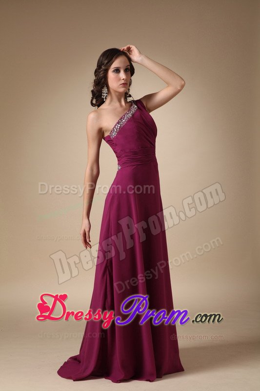 Column Beading One Shoulder Fuchsia Prom Party Dress
