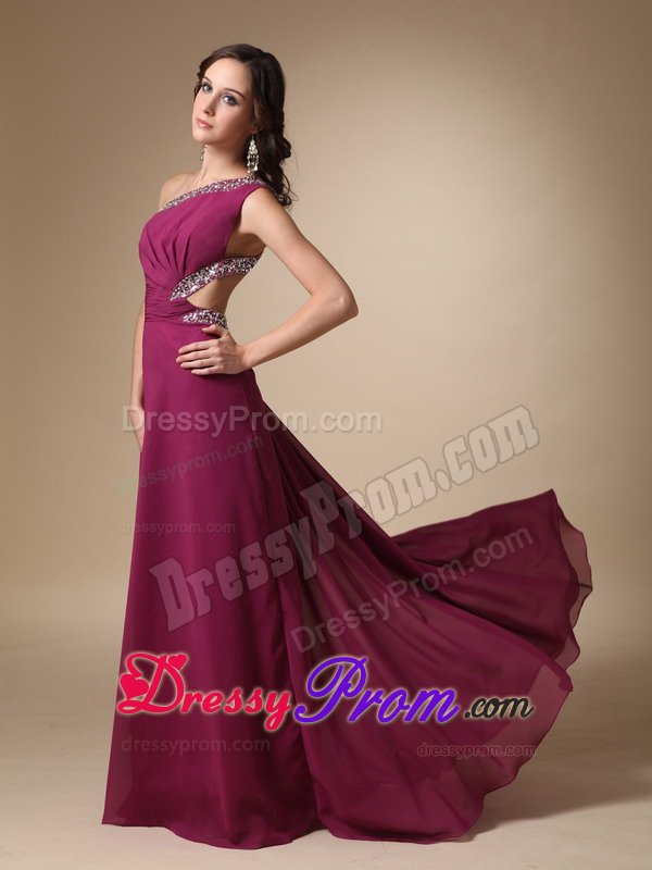 Column Beading One Shoulder Fuchsia Prom Party Dress