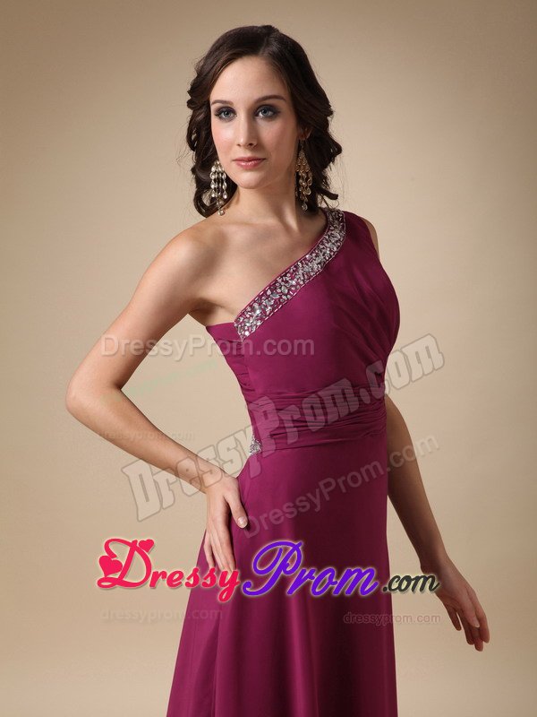 Column Beading One Shoulder Fuchsia Prom Party Dress