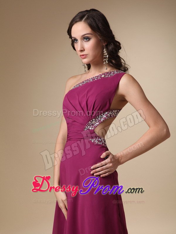 Column Beading One Shoulder Fuchsia Prom Party Dress