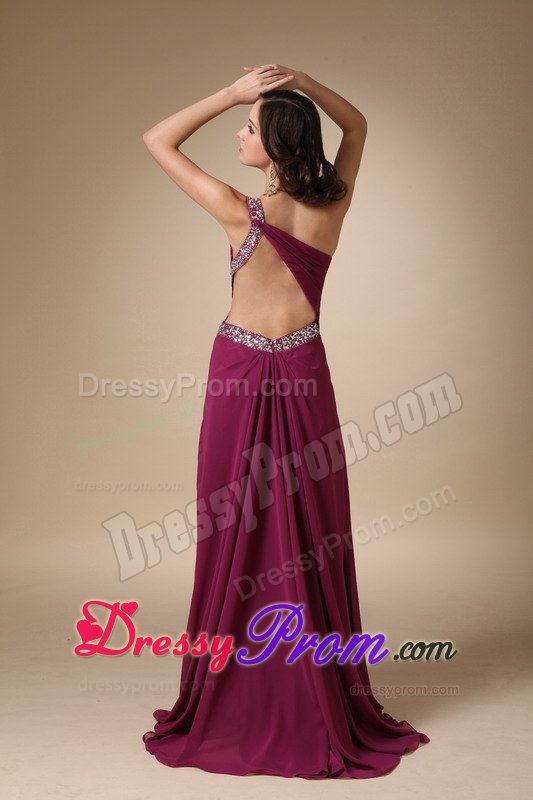 Column Beading One Shoulder Fuchsia Prom Party Dress