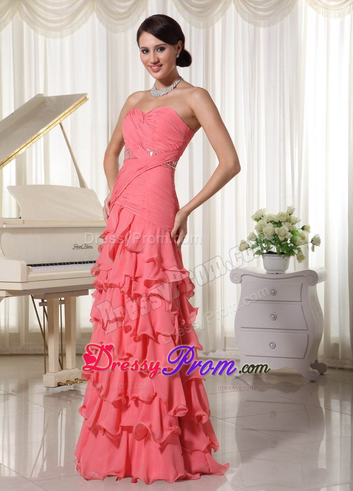 Watermelon Red Flouncing Layered Column Prom Dress with Sweetheart