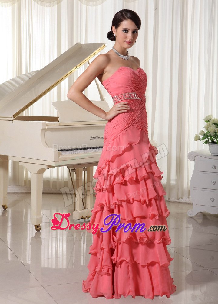 Watermelon Red Flouncing Layered Column Prom Dress with Sweetheart