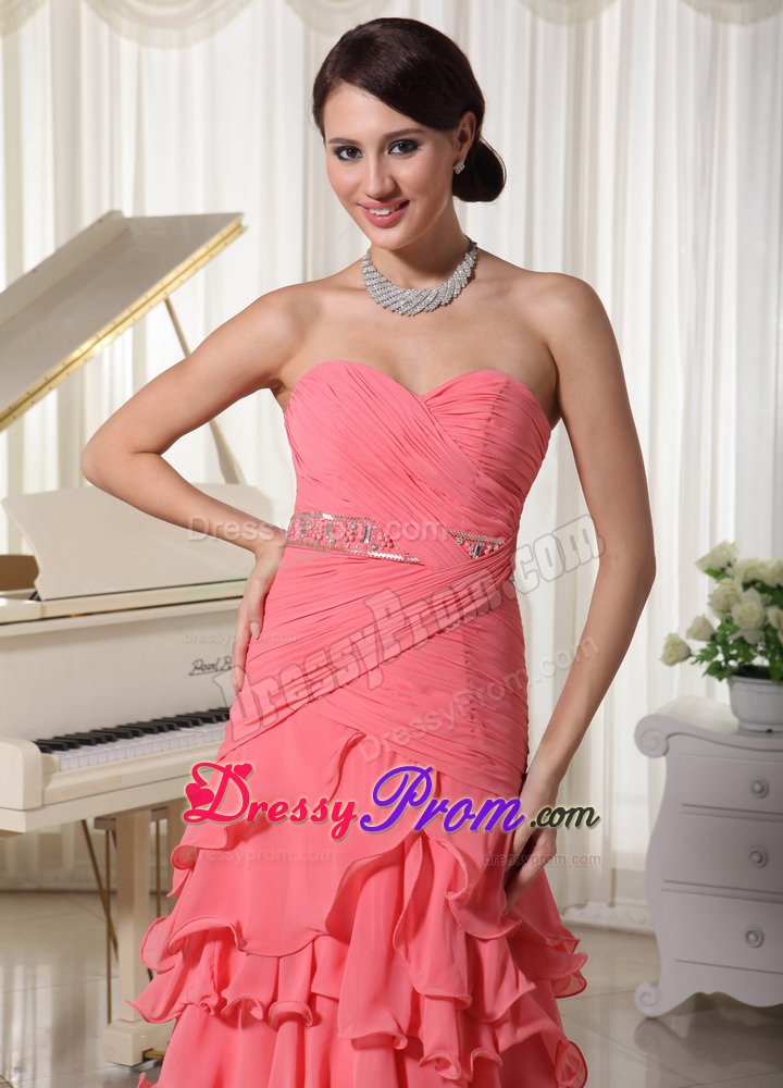 Watermelon Red Flouncing Layered Column Prom Dress with Sweetheart