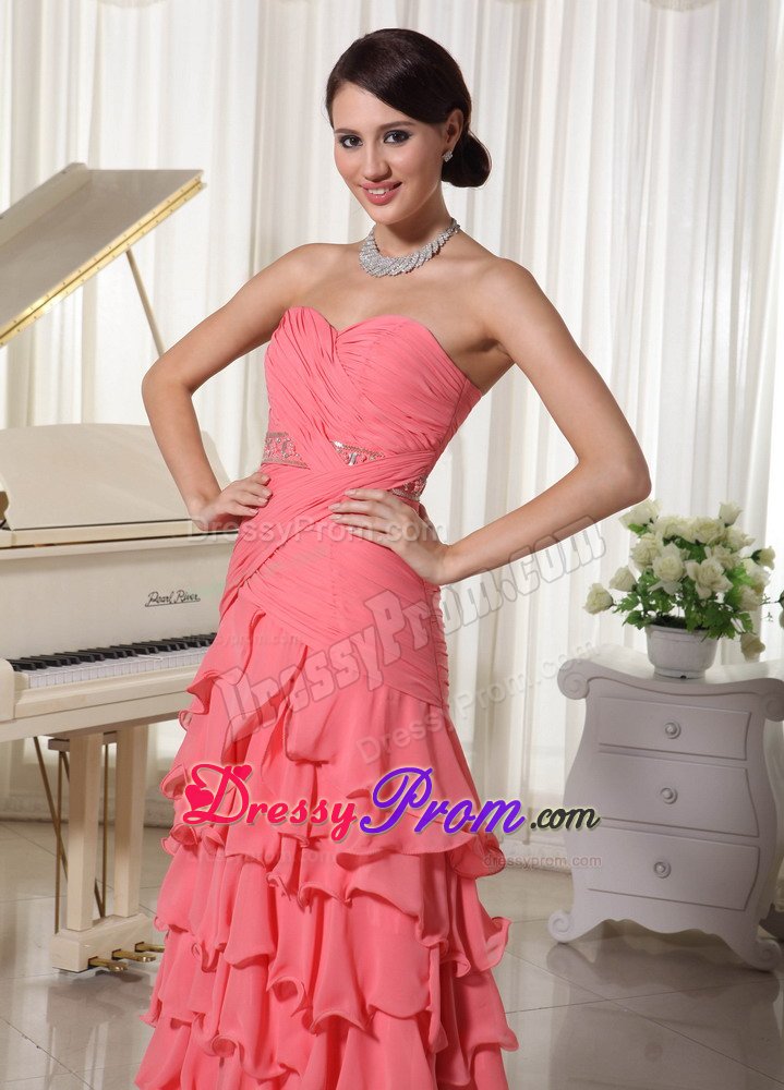 Watermelon Red Flouncing Layered Column Prom Dress with Sweetheart