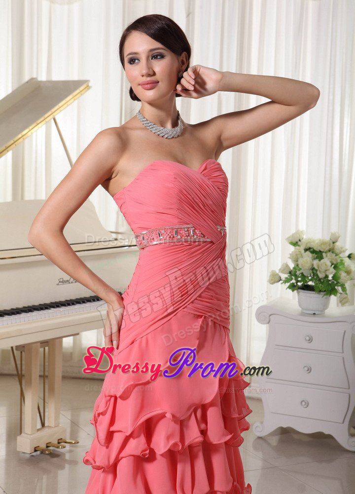 Watermelon Red Flouncing Layered Column Prom Dress with Sweetheart