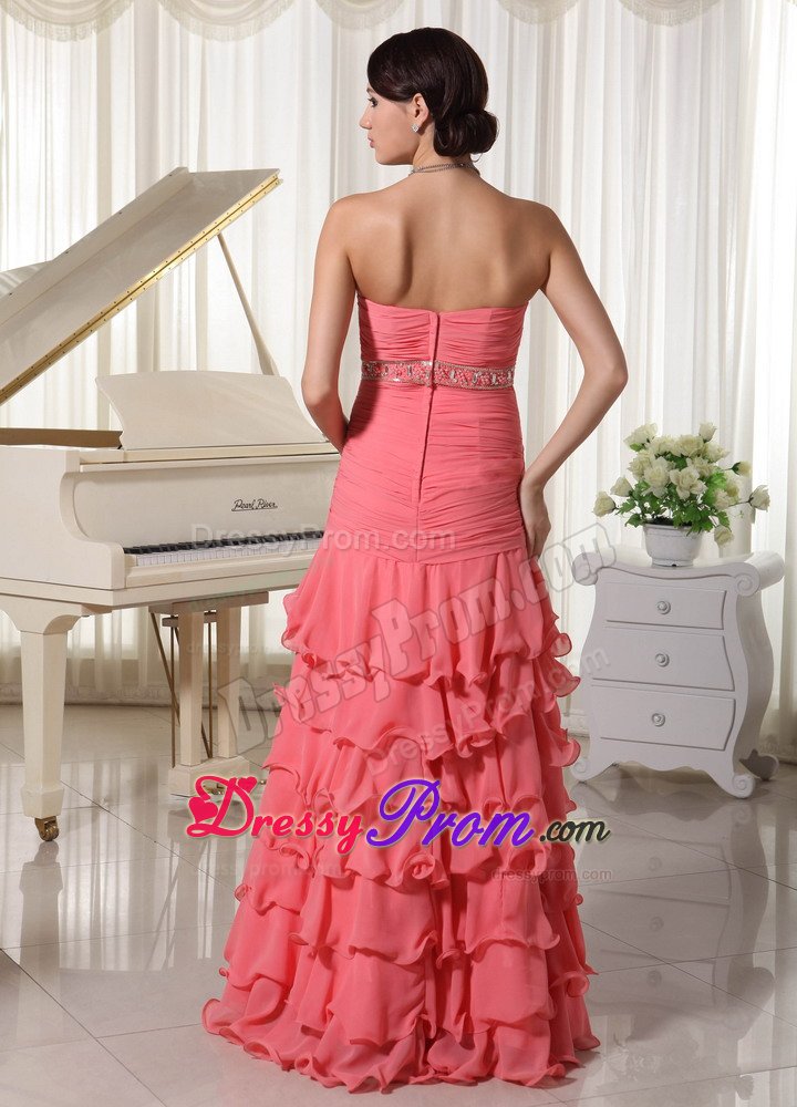 Watermelon Red Flouncing Layered Column Prom Dress with Sweetheart