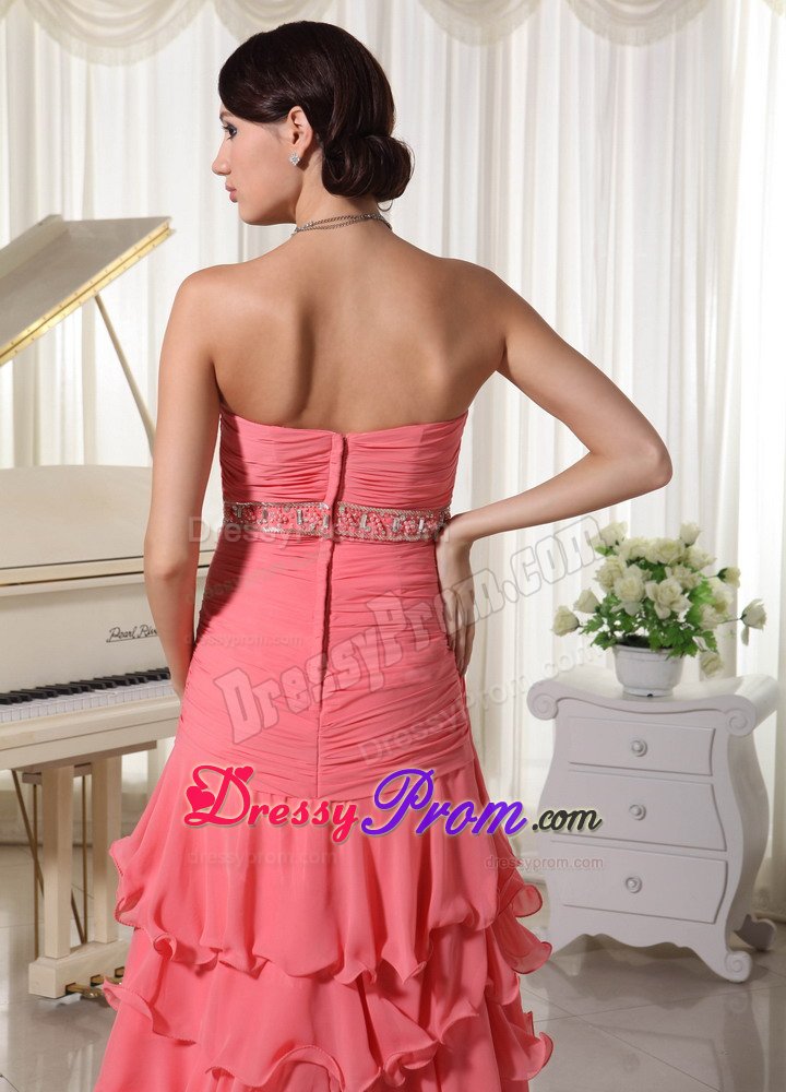 Watermelon Red Flouncing Layered Column Prom Dress with Sweetheart