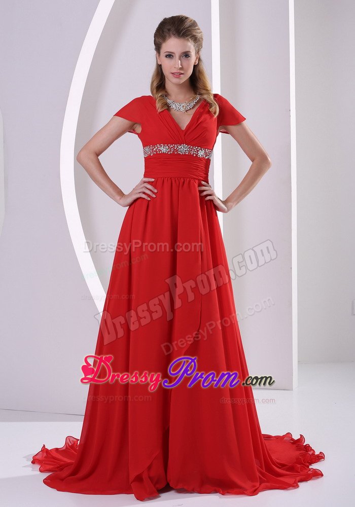 Red Beaded V-neck Short Sleeves Prom Maxi Dress with Court Train