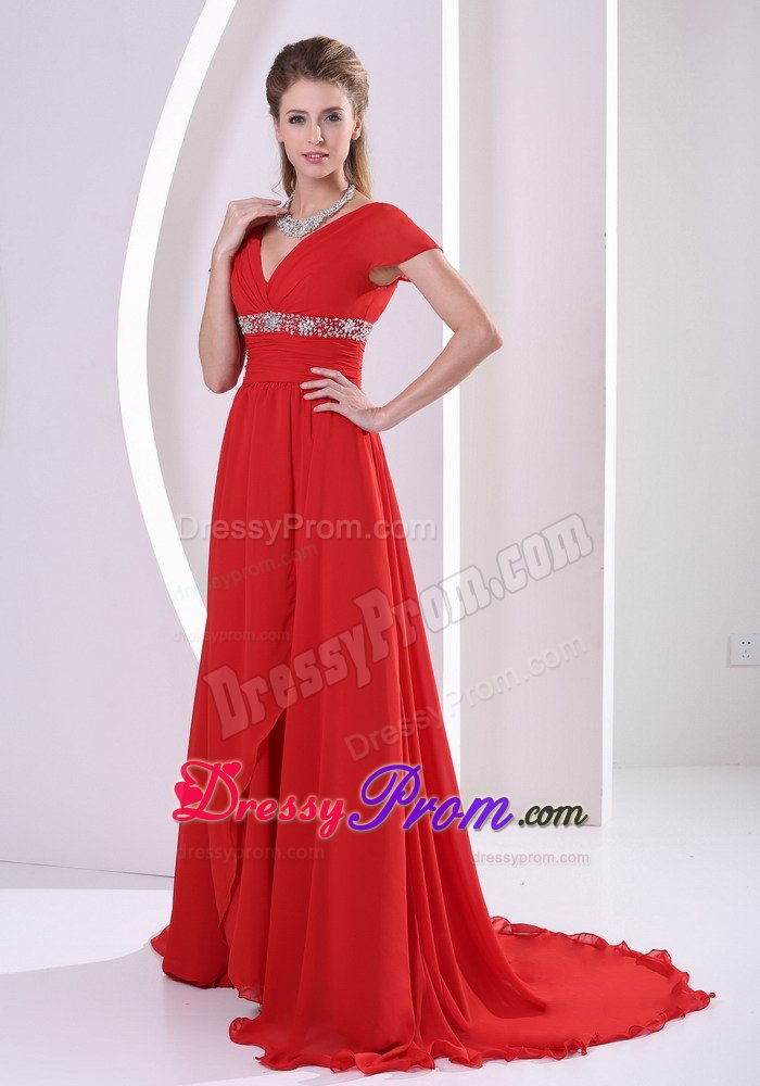 Red Beaded V-neck Short Sleeves Prom Maxi Dress with Court Train