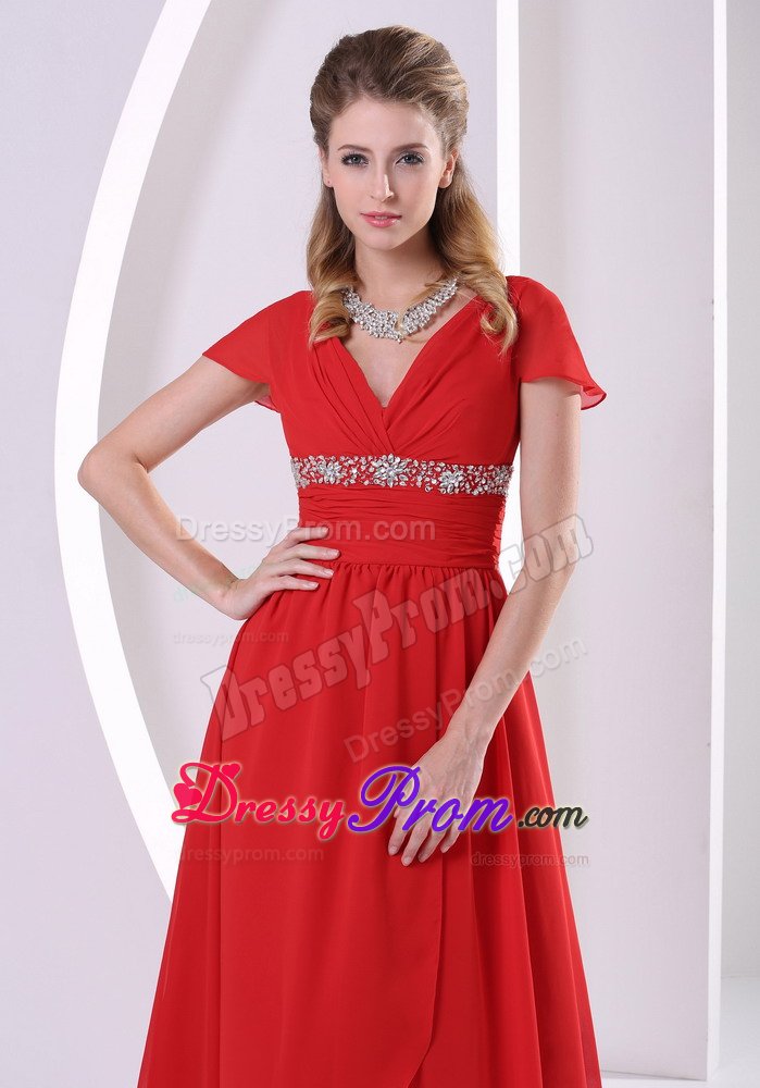 Red Beaded V-neck Short Sleeves Prom Maxi Dress with Court Train