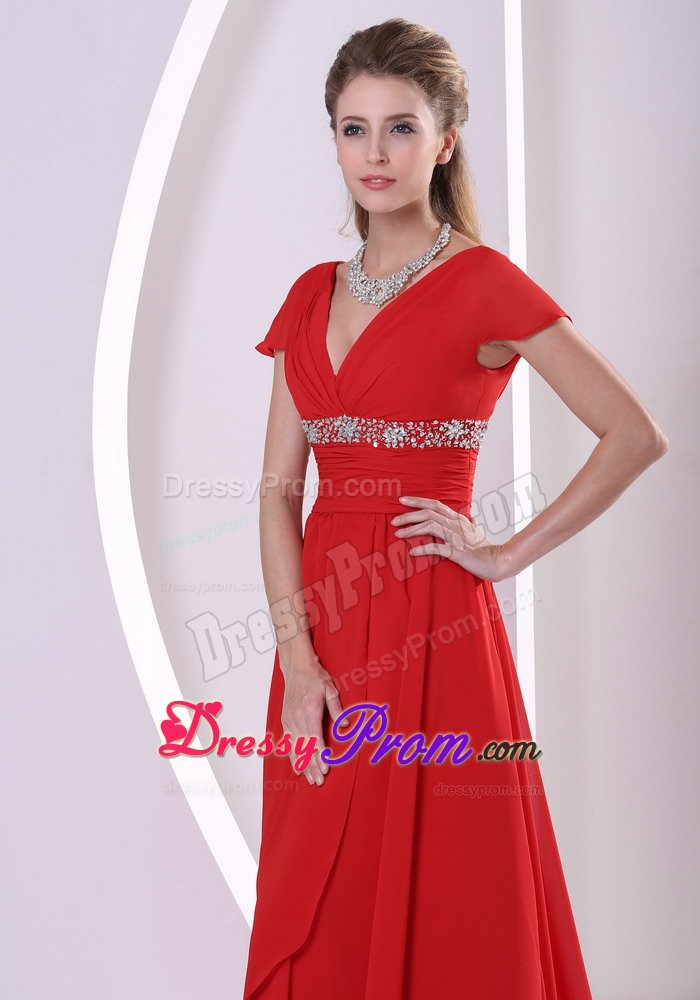 Red Beaded V-neck Short Sleeves Prom Maxi Dress with Court Train