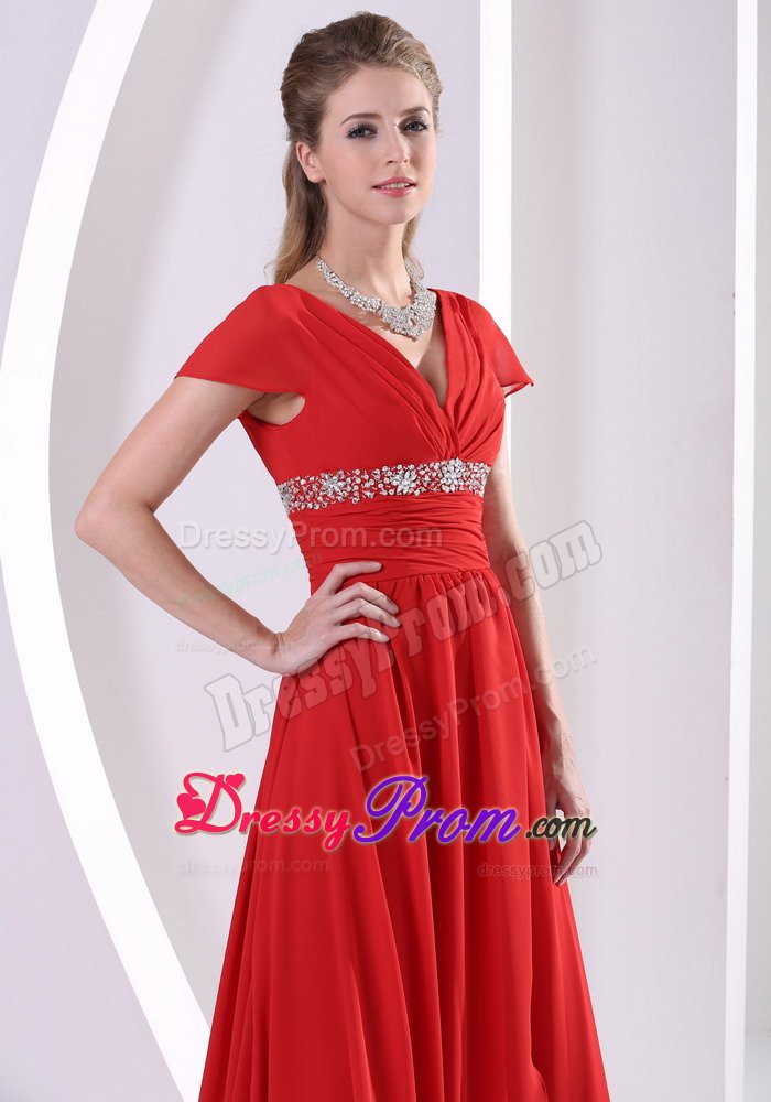 Red Beaded V-neck Short Sleeves Prom Maxi Dress with Court Train