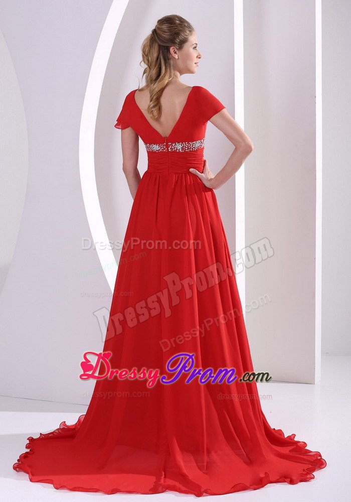 Red Beaded V-neck Short Sleeves Prom Maxi Dress with Court Train