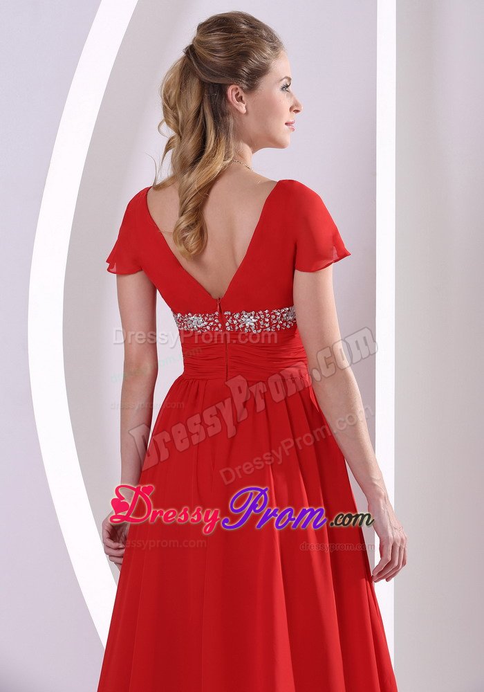 Red Beaded V-neck Short Sleeves Prom Maxi Dress with Court Train