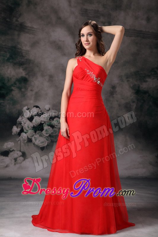 Red One Shoulder Beading Prom Party Dress with Small Train