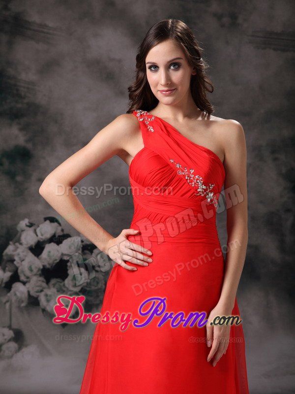 Red One Shoulder Beading Prom Party Dress with Small Train