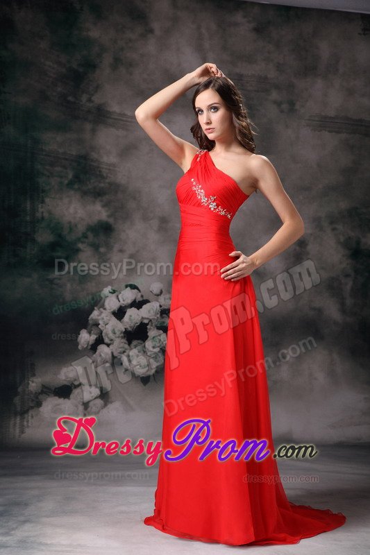 Red One Shoulder Beading Prom Party Dress with Small Train