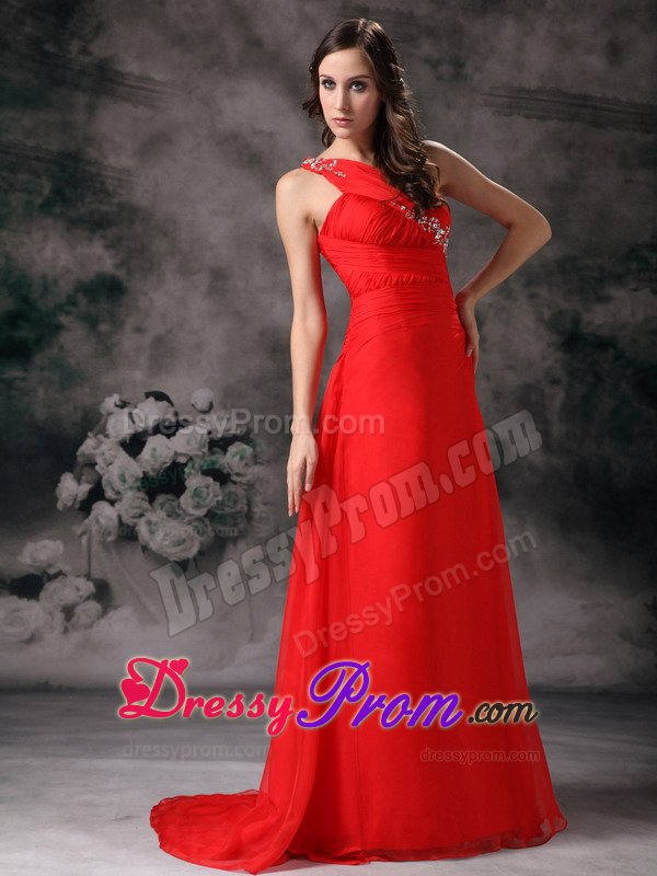 Red One Shoulder Beading Prom Party Dress with Small Train