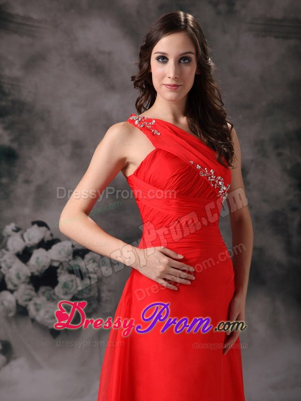 Red One Shoulder Beading Prom Party Dress with Small Train