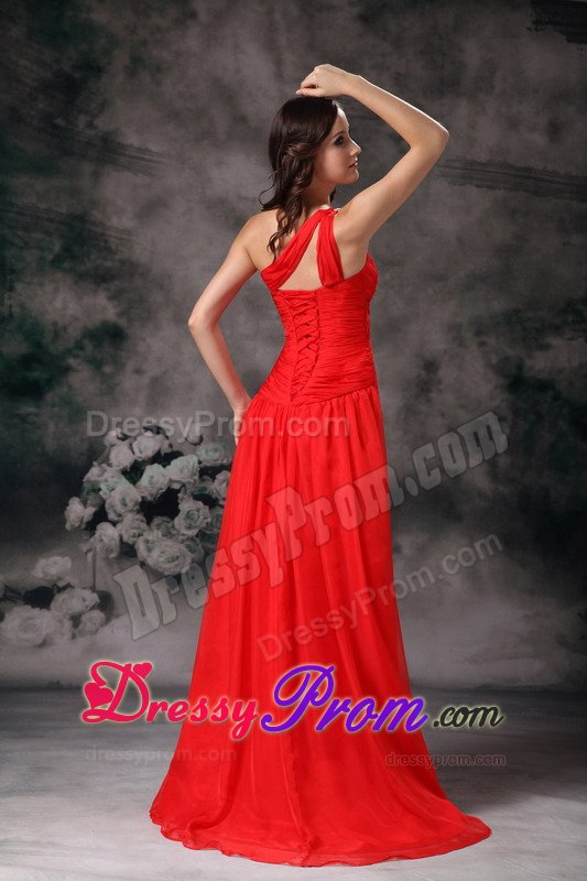 Red One Shoulder Beading Prom Party Dress with Small Train