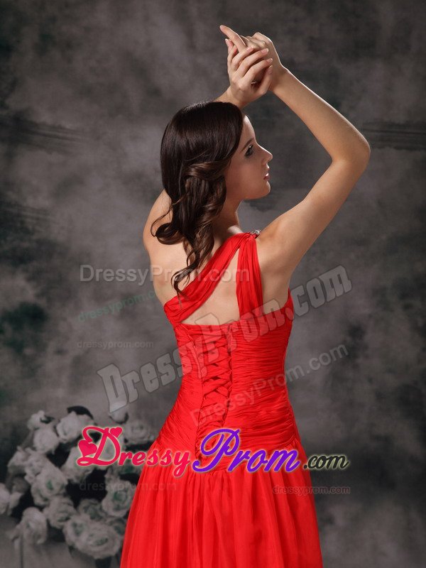 Red One Shoulder Beading Prom Party Dress with Small Train