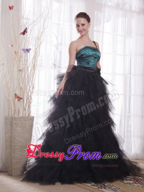 Black and Peacock Green Princess One Shoulder Ruffled Grad Dresses