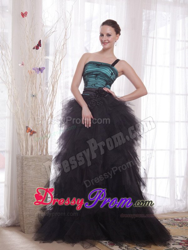 Black and Peacock Green Princess One Shoulder Ruffled Grad Dresses