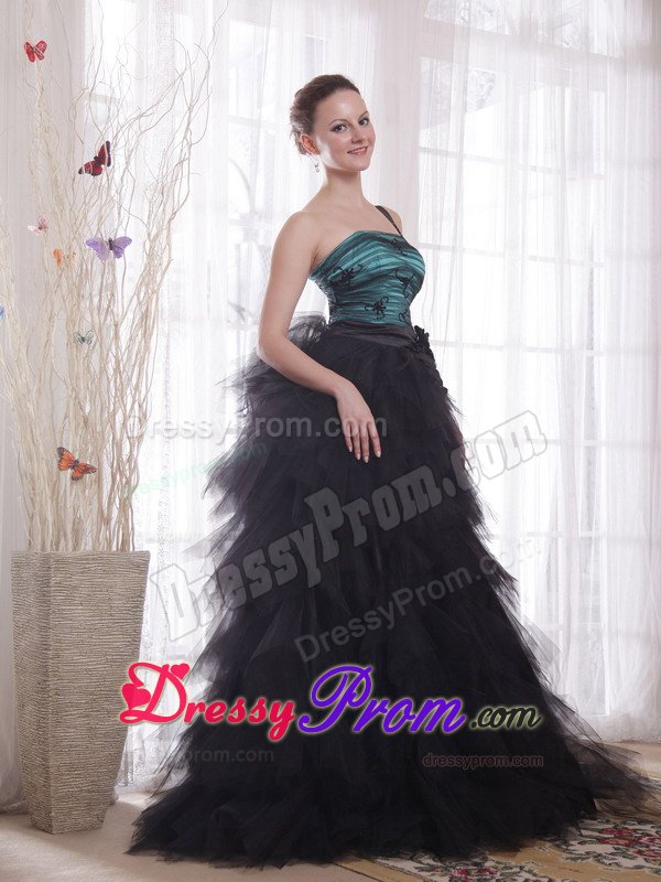Black and Peacock Green Princess One Shoulder Ruffled Grad Dresses