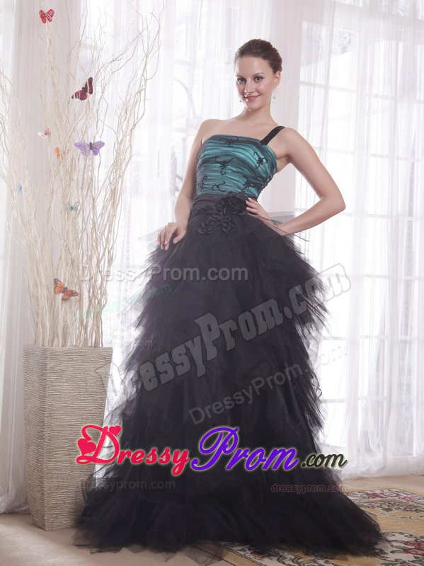 Black and Peacock Green Princess One Shoulder Ruffled Grad Dresses