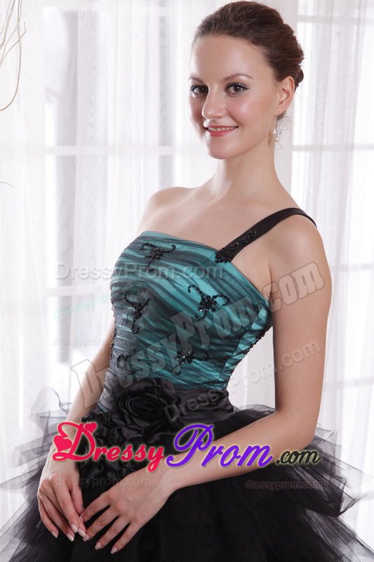 Black and Peacock Green Princess One Shoulder Ruffled Grad Dresses