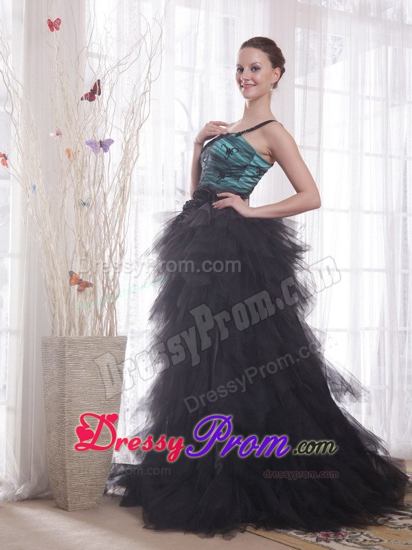 Black and Peacock Green Princess One Shoulder Ruffled Grad Dresses