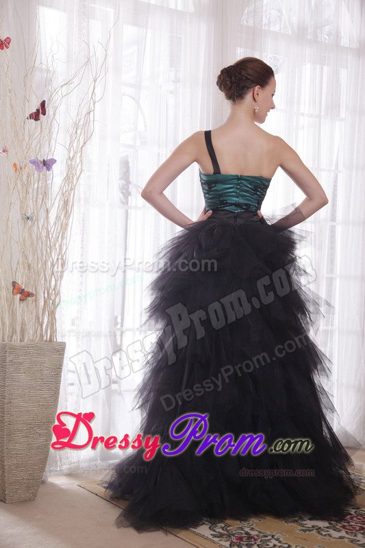 Black and Peacock Green Princess One Shoulder Ruffled Grad Dresses