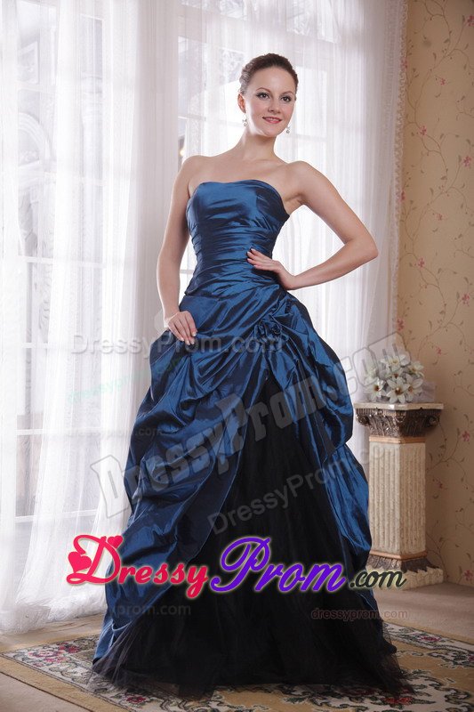 A-Line Strapless Blue Brush Train Hand Made Flowers Prom Dress